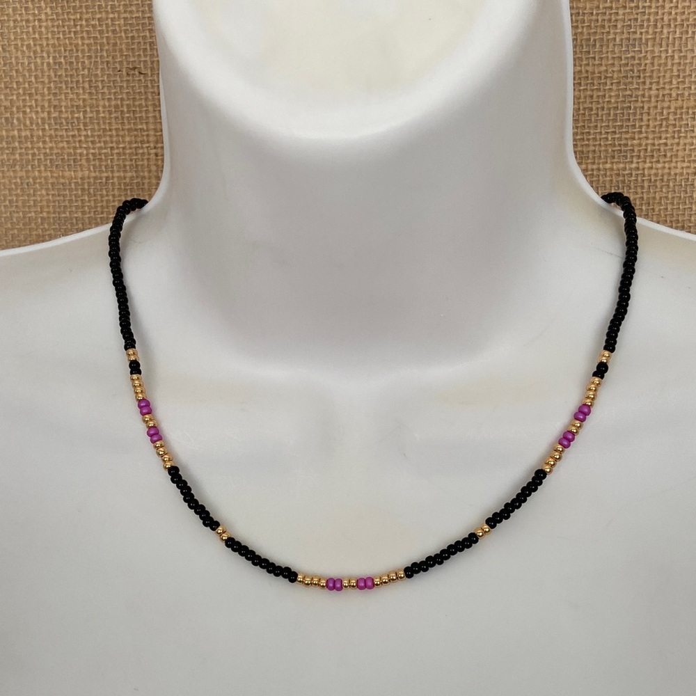 Elegant Black and Pink Seed  Beaded Necklace